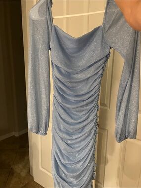 Macy's Shimmer Powder Blue Ruched Long Sleeve Dress